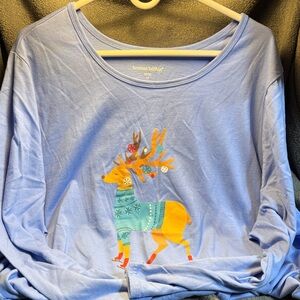 Woman Within Blue Long Sleeve Tee with Festive Reindeer